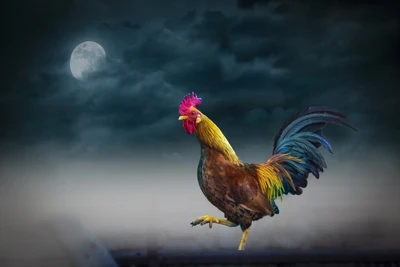 Coq coloré se pavanant sous le ciel éclairé par la lune