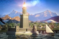 Ancient Lighthouse Towering Over Serene Waters with Majestic Mountains in the Background