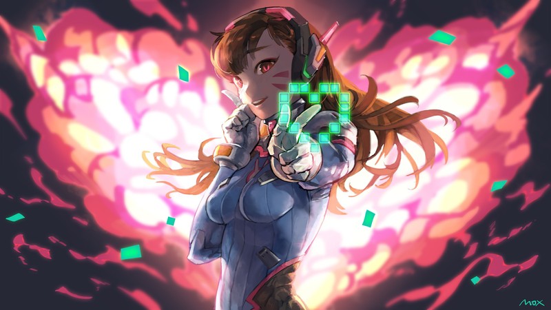 Женщина в синем костюме держит зеленый свет (dva, overwatch, видеоигра)