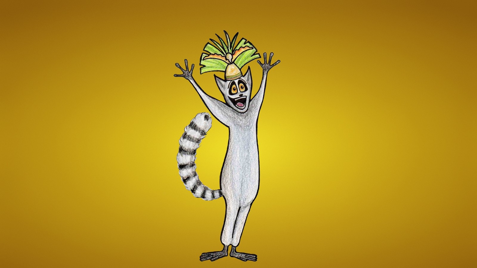 Cartoon of a lemur with a banana on its head (cartoon, yellow, animated cartoon, felidae, wildlife)