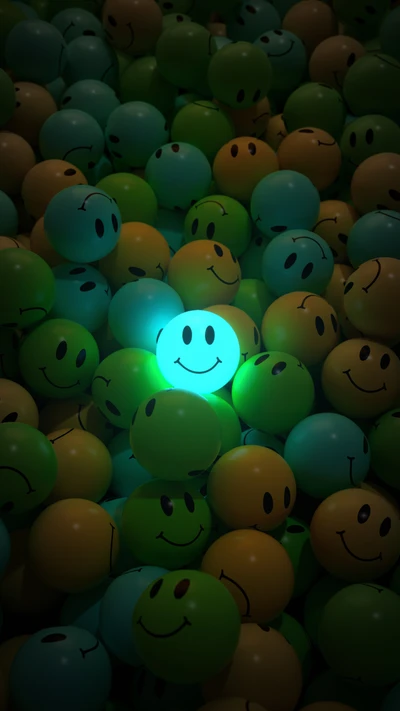 Sonrisa brillante entre bolas de emoji coloridas