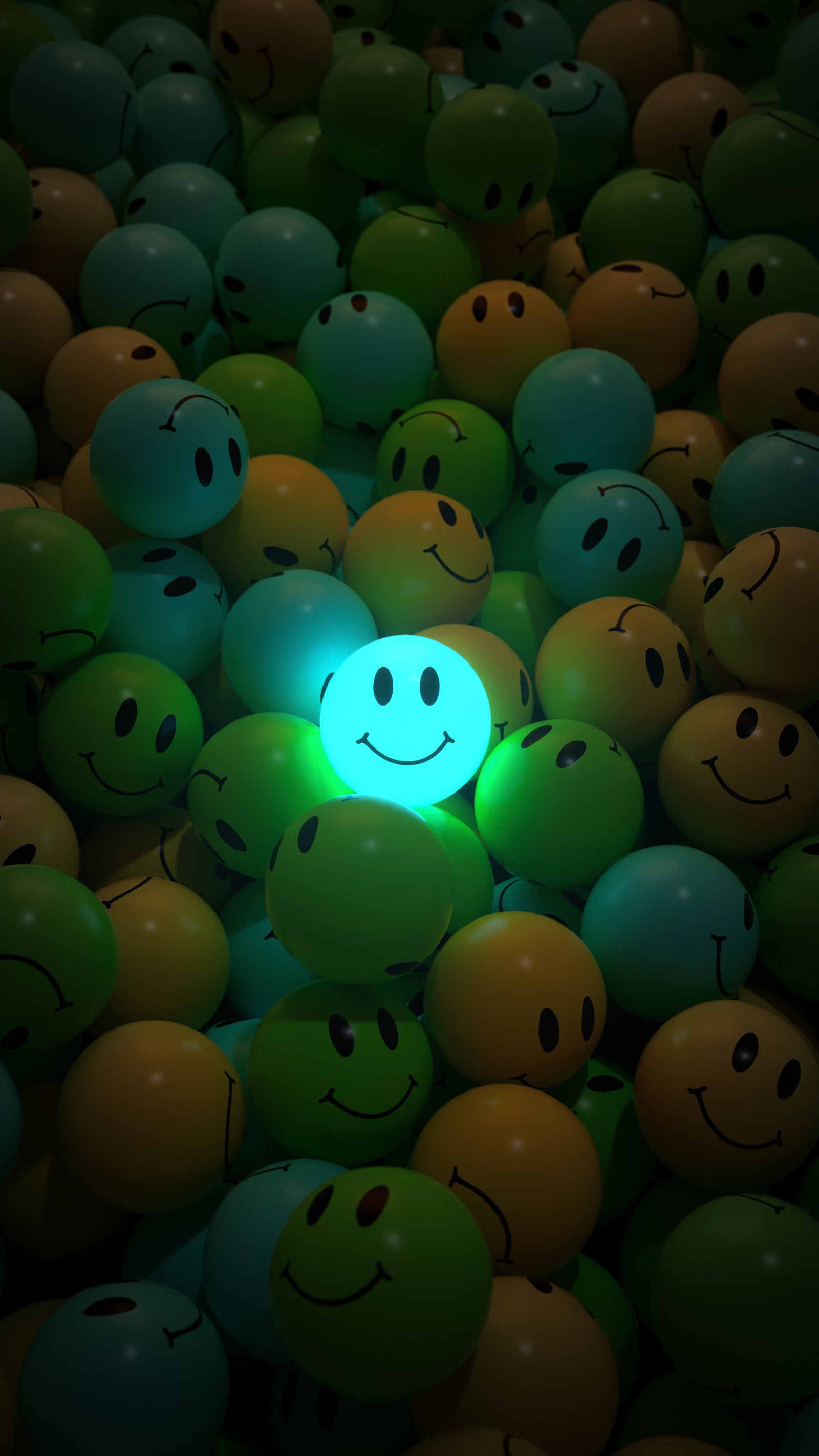 There are many balls with smiley faces in a field of green and yellow (android, emoji, smile, line, aqua)