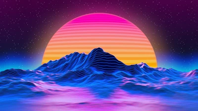 Amanecer vaporwave sobre montañas en un paisaje retro synthwave