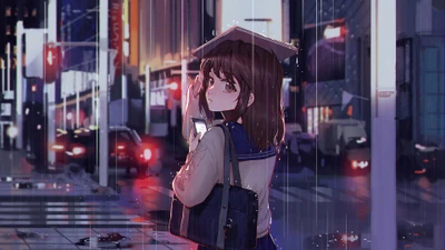 Anime School Girl Under Rainy City Lights