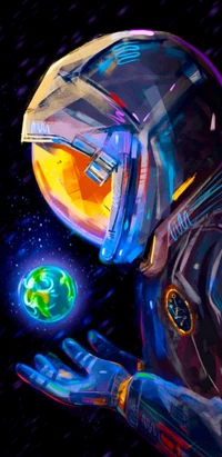 Neon Astronaut Embracing Earth in Electric Blue Light