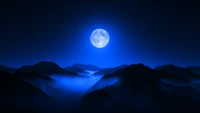 twilight moon, valley, mountain range, night sky, foggy wallpaper