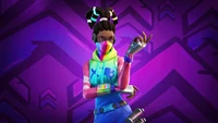 Personagem vibrante de Fortnite contra um fundo roxo ousado