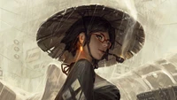 A mysterious girl in a dark dress and oversized hat, exuding confidence as she smokes a pipe in a rain-soaked, futuristic cityscape.