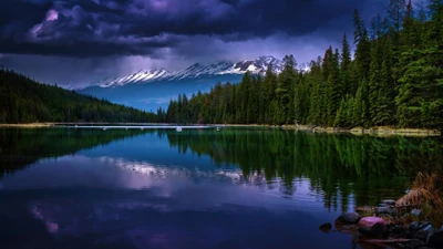 Reflejo del bosque tranquilo: un río sereno rodeado de pinos y majestuosas montañas