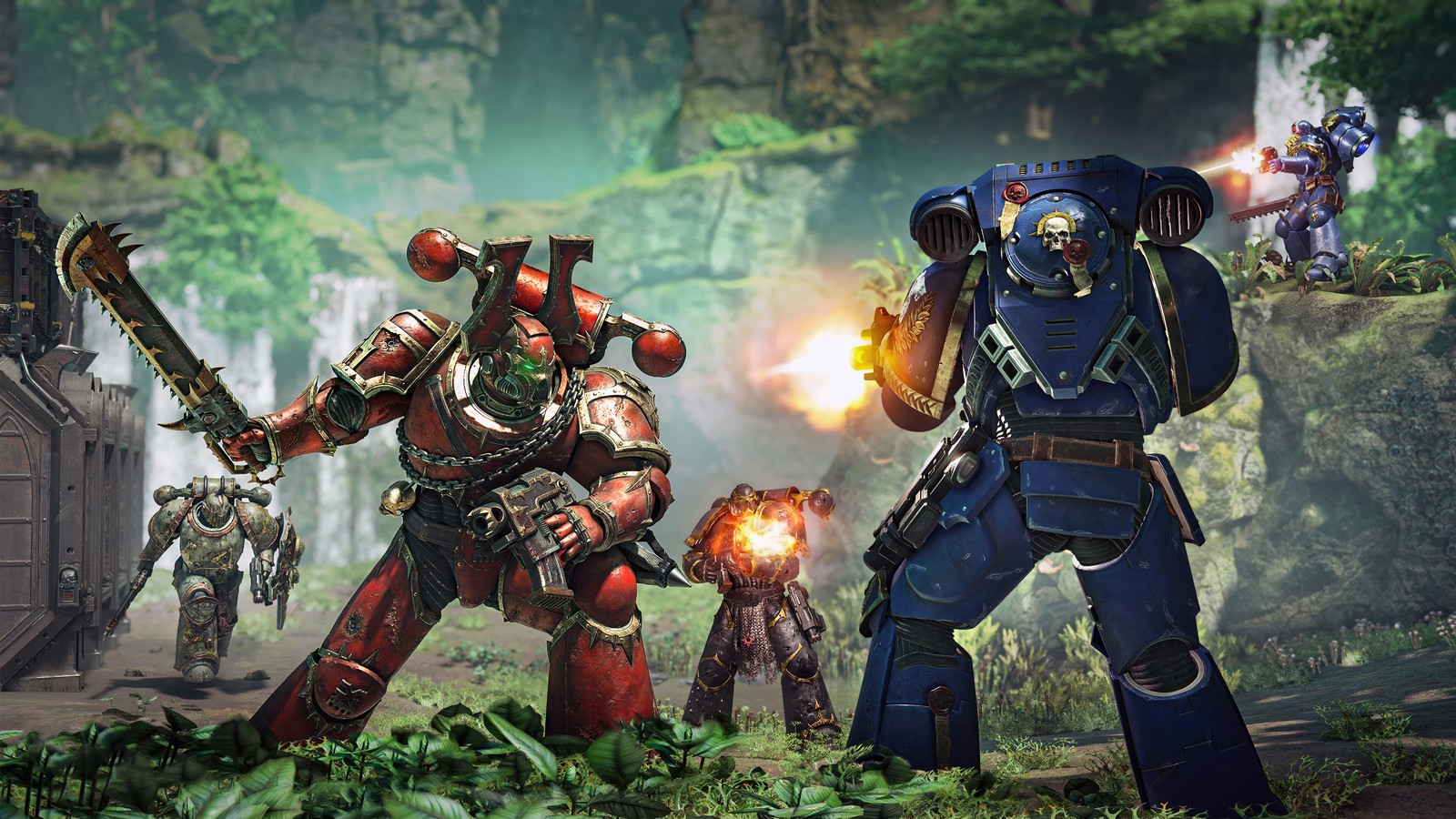 A group of warhammers in a forest with a fire (warhammer 40000 space marine 2, video game, warhammer 40k, red talons, battle)