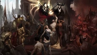 Confronto épico entre Inarius e Lilith em um campo de batalha caótico em Diablo IV.