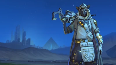 Francotirador Sombrío: Un Personaje Misterioso de Overwatch en un Antiguo Paisaje Desértico