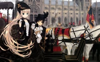 Two elegantly dressed children, one with long blonde hair and the other wearing a top hat, stand beside a carriage drawn by horses, set against a backdrop of a grand, historic building.