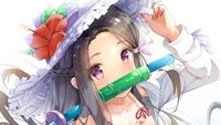 Nezuko Kamado em traje de verão com chapéu floral – Demon Slayer