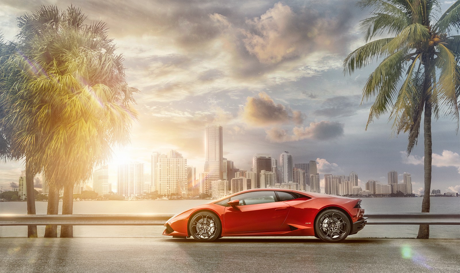 A red sports car parked on the side of the road near palm trees (lamborghini, car, sports car, lamborghini aventador, supercar)