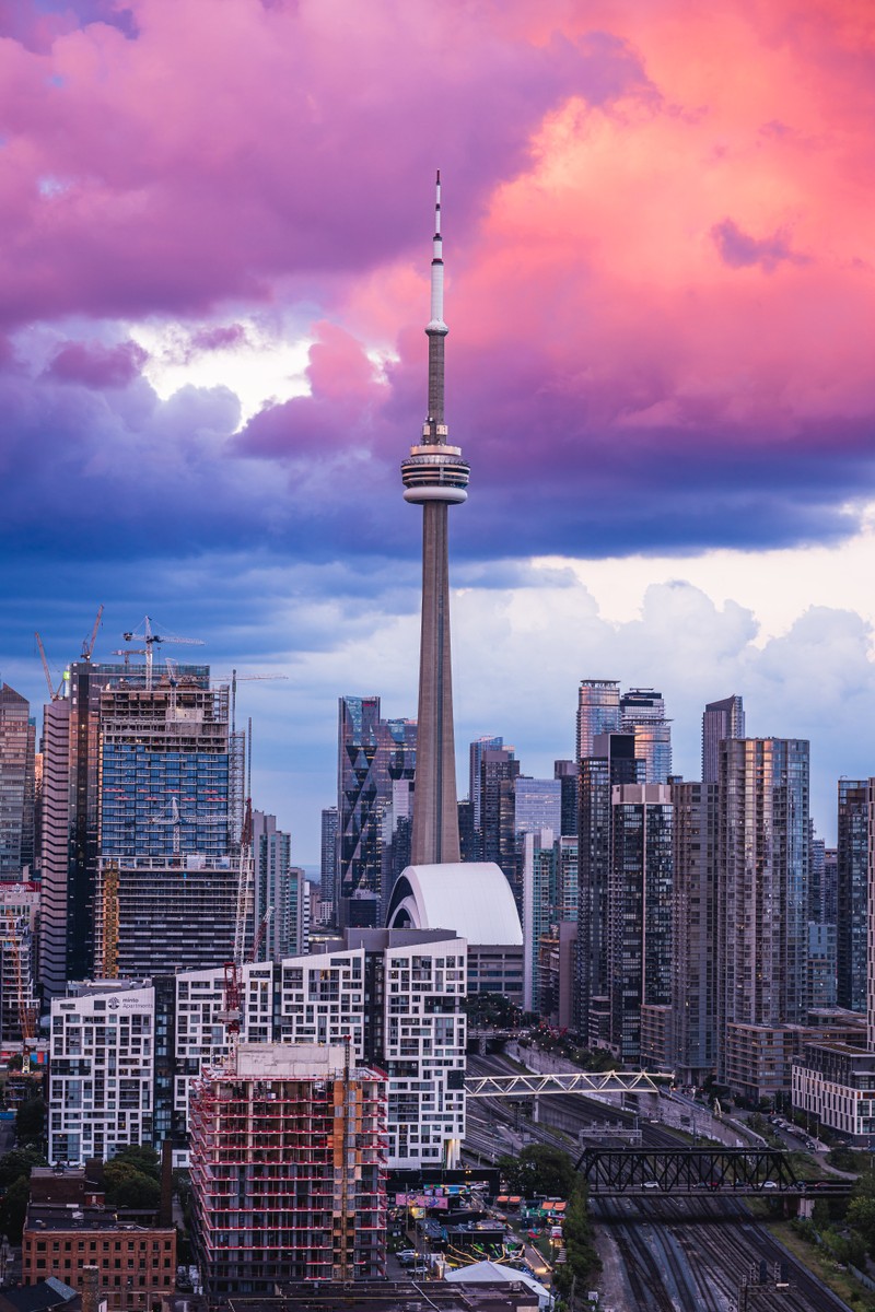 Вид на город с высоким зданием посередине (cn тауэр, cn tower, достопримечательность, торонто, toronto)