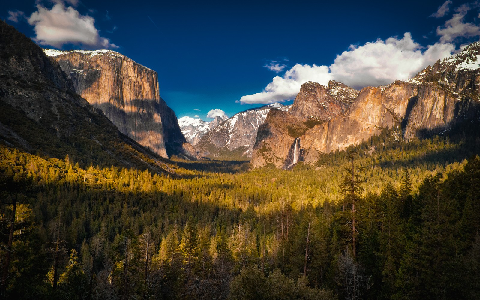 Una vista del valle con una cascada a lo lejos (el capitan, cascadas de yosemite, yosemite falls, parque nacional, parque)