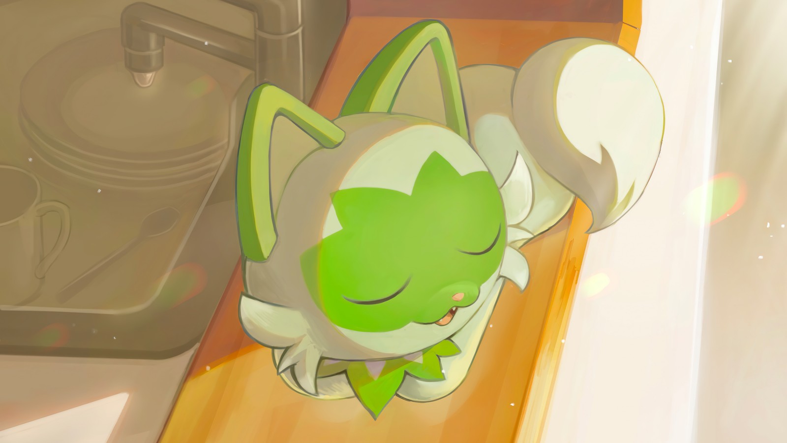 Imagen de estilo anime de un gato con una cola verde y un collar blanco (sprigatito, pokemon scarlet and violet, videojuego, pokemon)