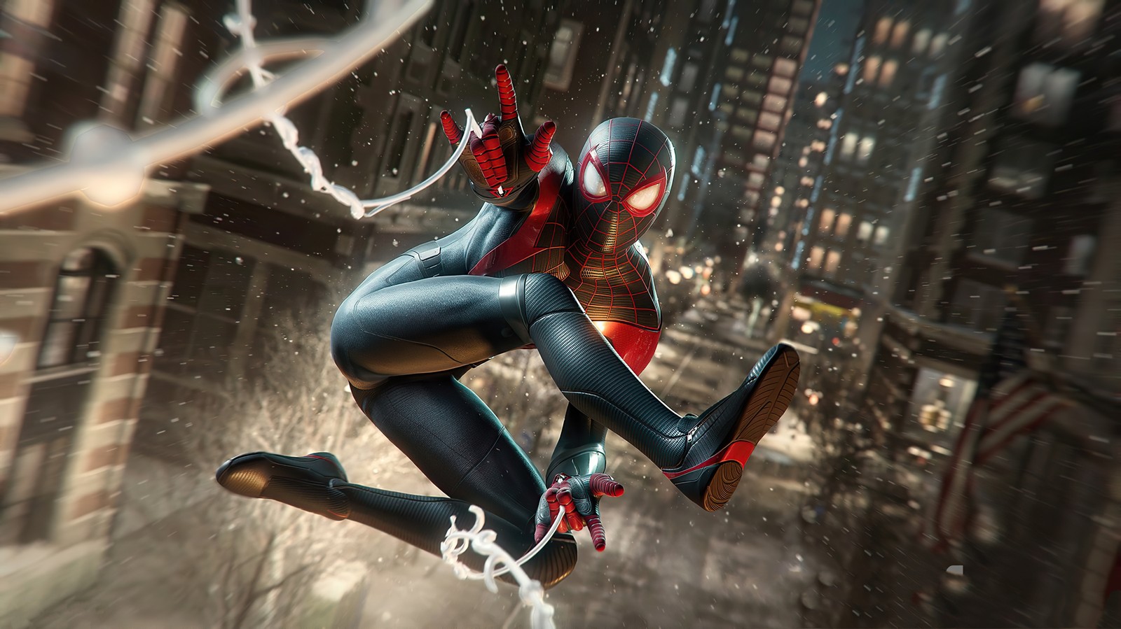 Spider-man saute dans les airs dans une ville (marvels spider man miles morales, playstation 5, jeux 2020, 2020 games, spiderman)