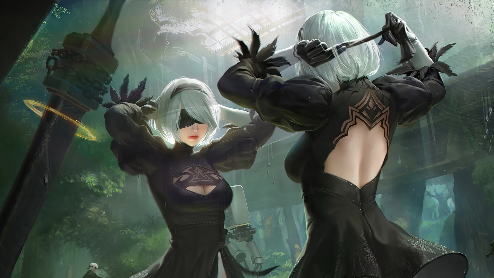 Chica de anime en vestido negro con espada y alas de pájaro en el bosque (yorha 2b, yorha no 2 tipo b, yorha no 2 type b, nier automata, videojuego)