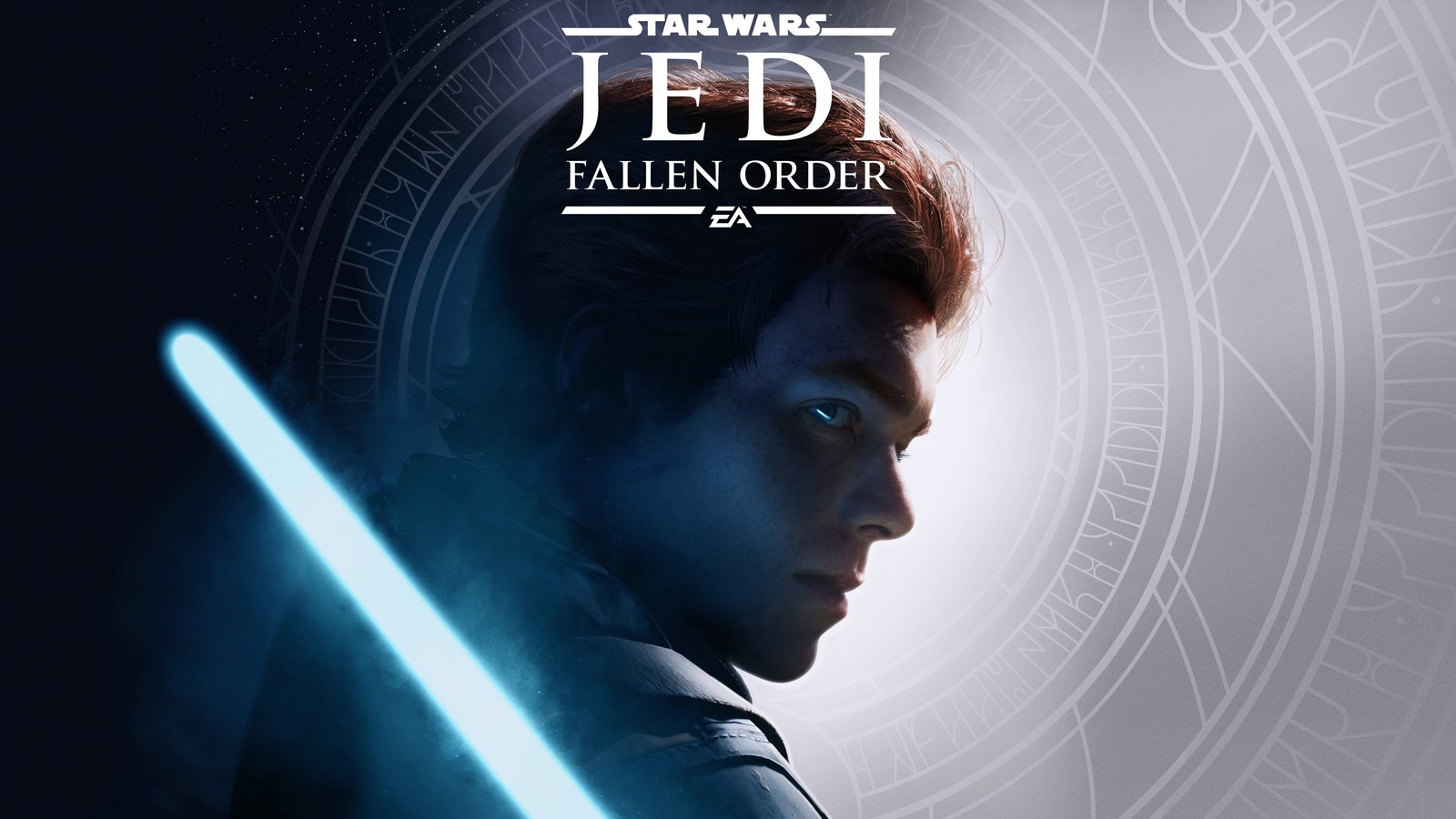 Un hombre con una espada frente a un cartel de jedi de star wars (star wars jedi fallen order, videojuego, cal kestis, sable de luz, lightsaber)