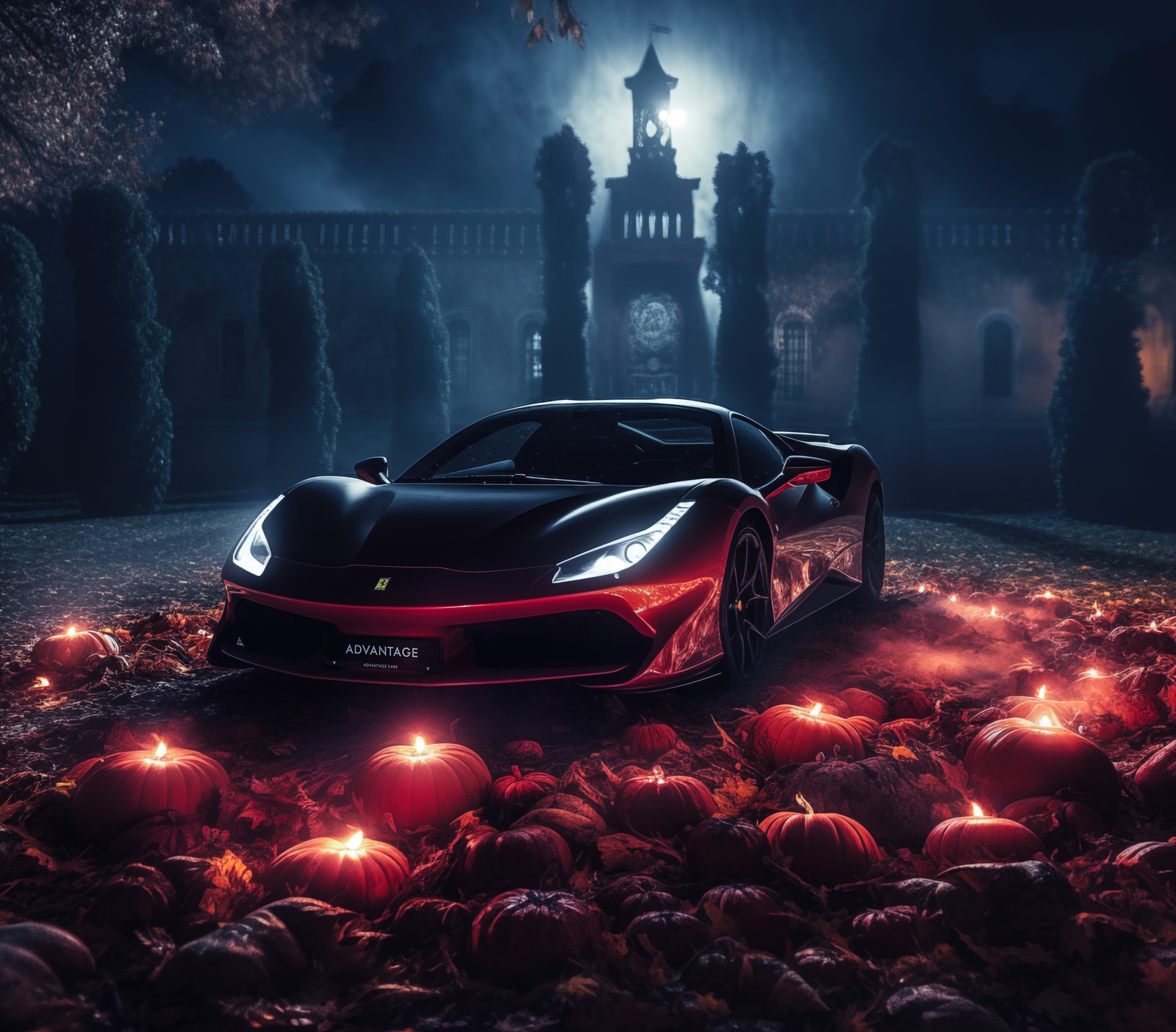 Une voiture de sport rouge garée dans un champ de citrouilles (voiture de sport, arrière plan dhalloween, citrouilles, 5k, obscurité)