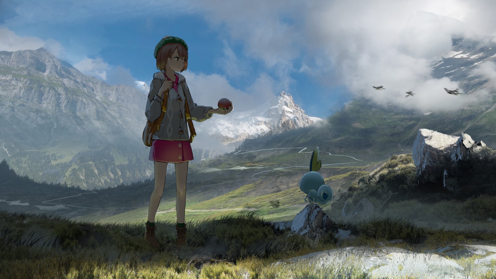 Fille anime debout sur une colline avec une montagne en arrière-plan (sobble, pokémon épée et bouclier, pokemon sword and shield, jeu vidéo, pokémon)