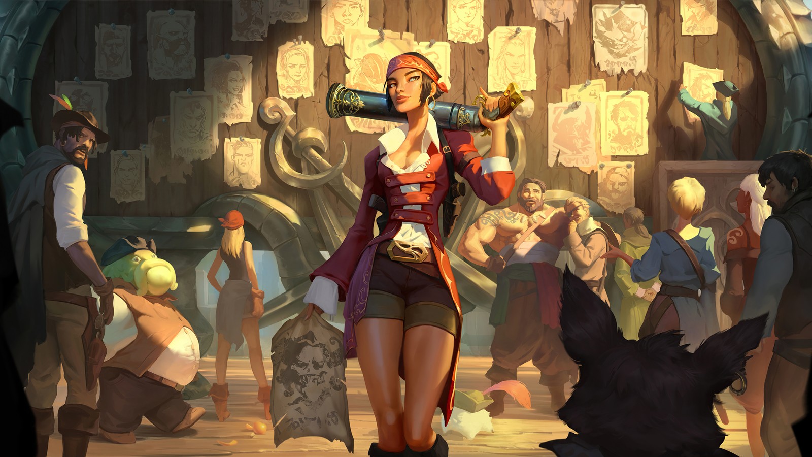 Una mujer en un disfraz de pirata sosteniendo un bate frente a una multitud (pistolero, legends of runeterra, videojuego)