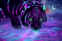 Leuchtender Neon-Tiger in einer kosmischen Reflexion