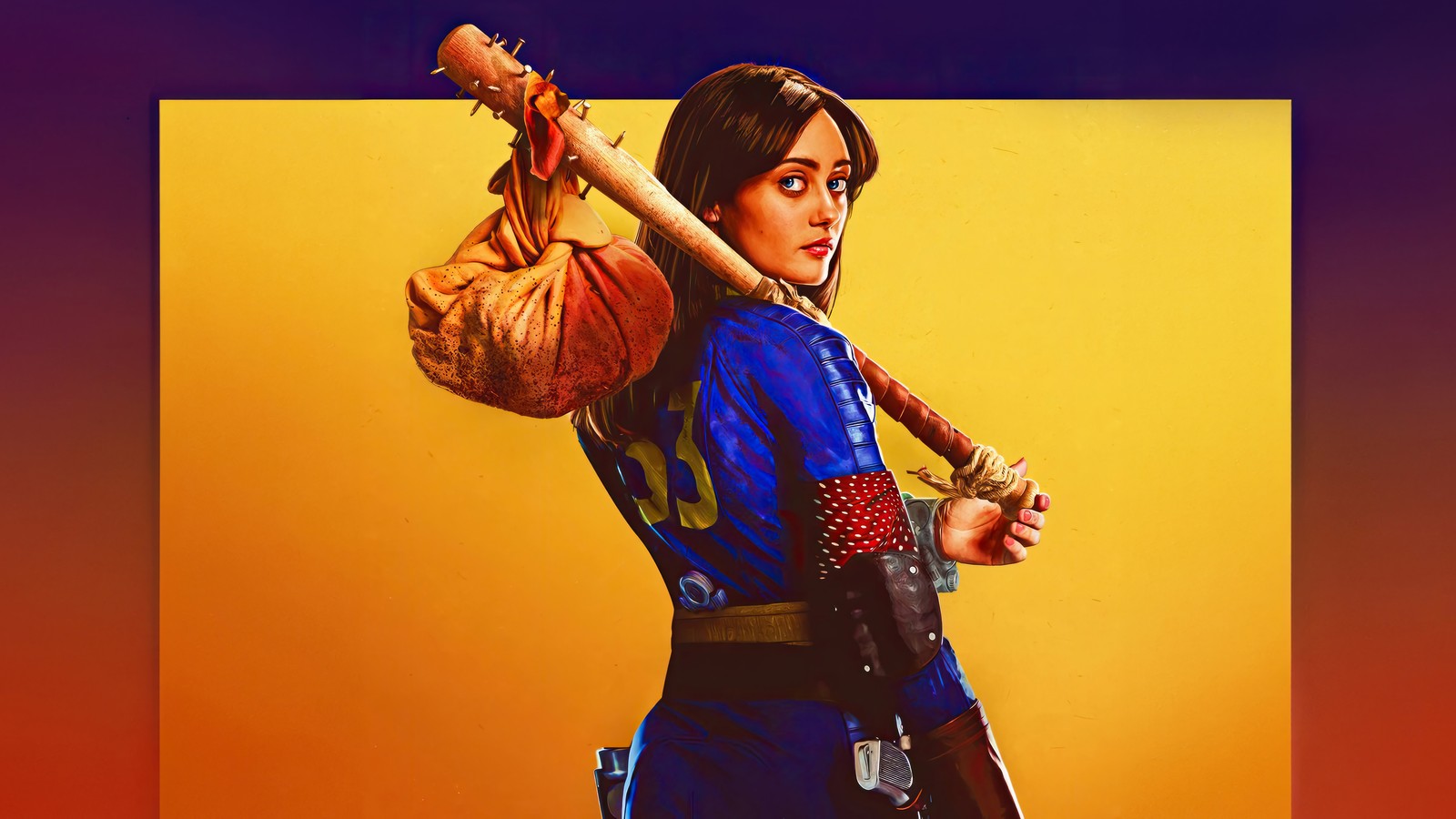 Una imagen árabe de una mujer sosteniendo un bate de béisbol y una bolsa (serie fallout, fallout series, series de televisión, lucy, ella purnell)