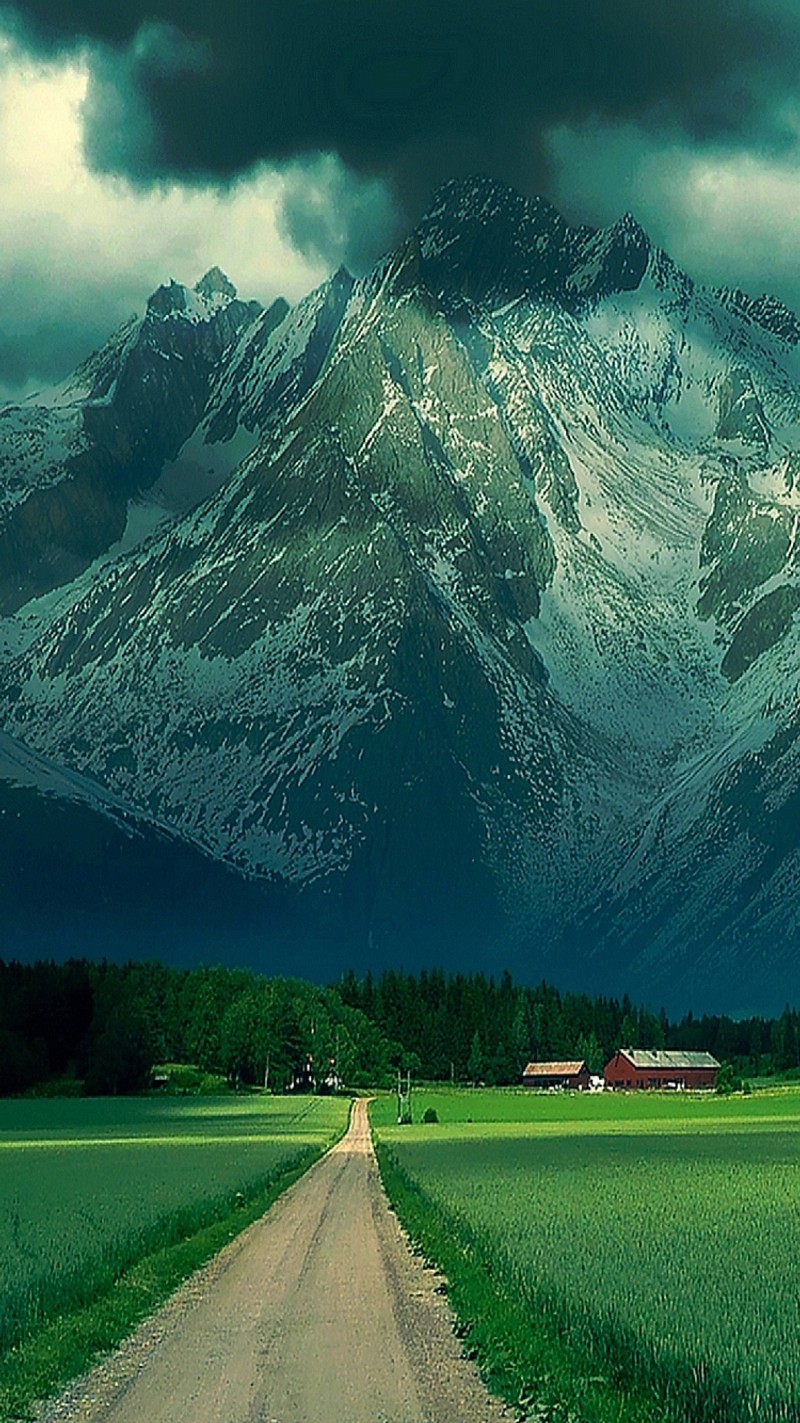 Mountains are in the background (field, mountain, path, road)