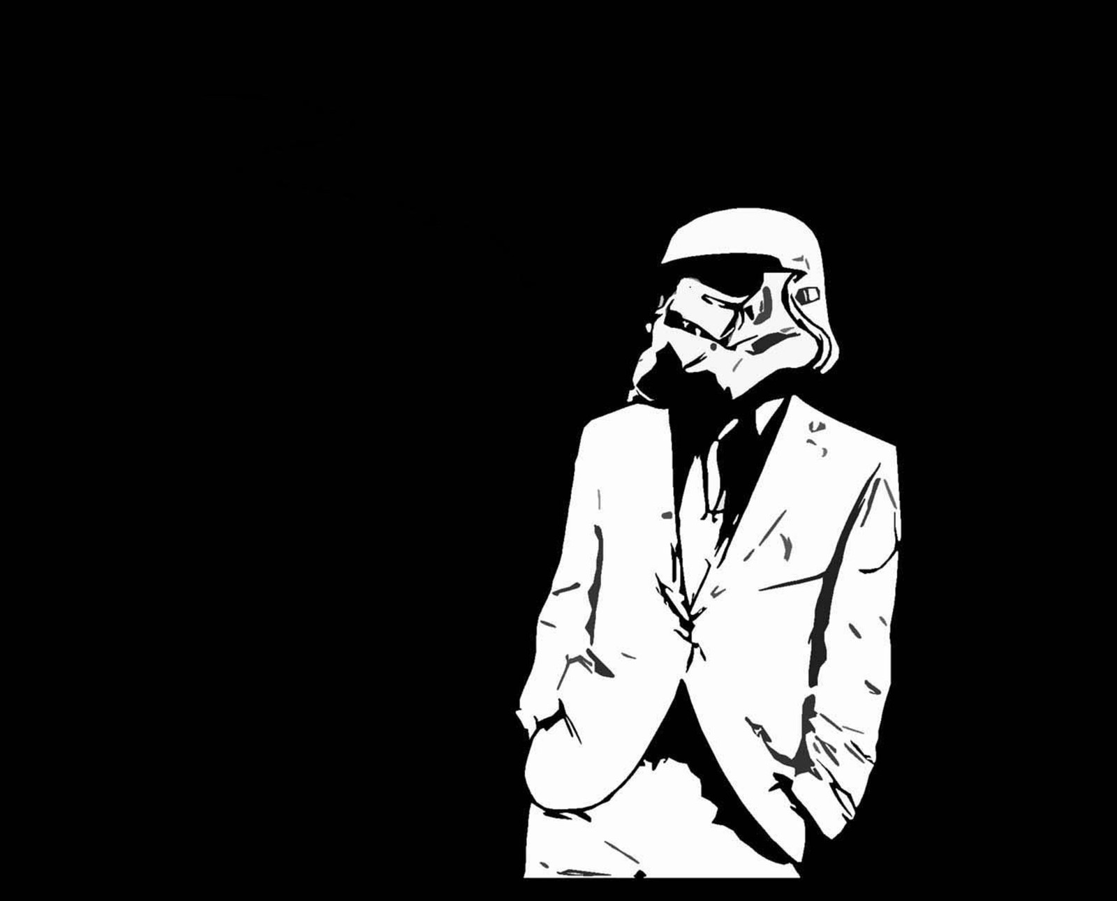 There is a man in a suit and tie with a helmet on (starwars, stoormtrooper, suit, wars)