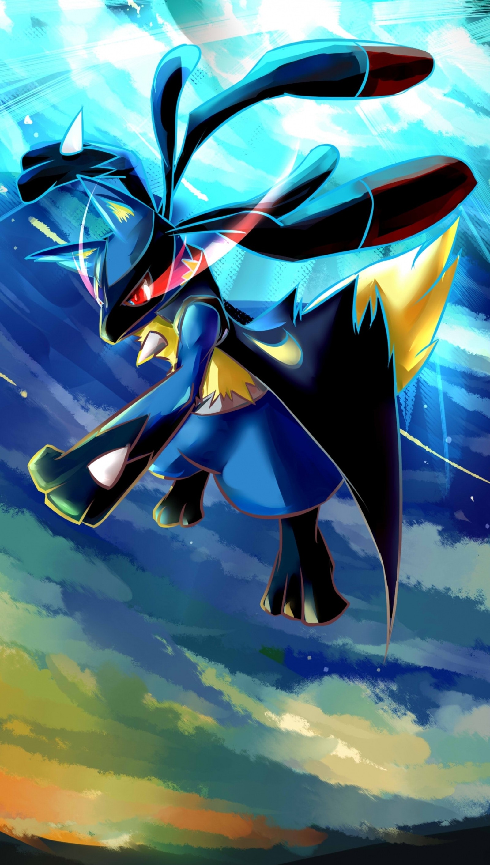 Pokemon vuela por el cielo con una capa azul (lucario, pokemon)