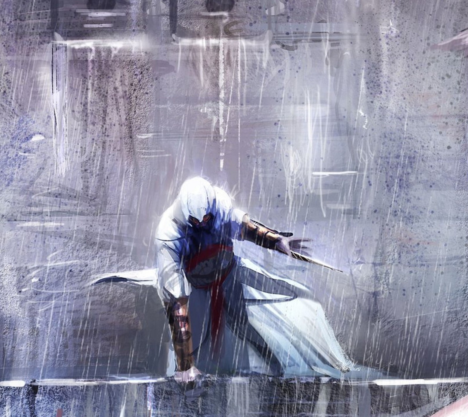 Image aérienne d'un homme en robe blanche et une épée sous la pluie (assassin, assassins creed, crédo)