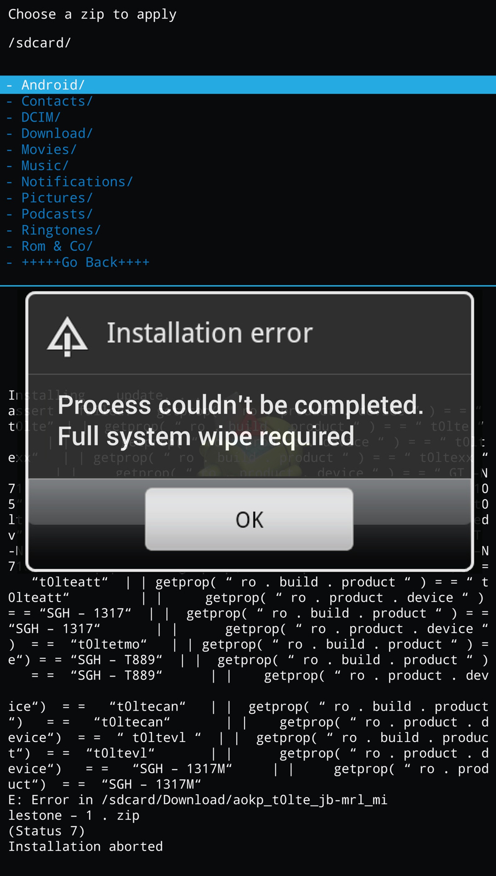 A close up of a cell phone with a message on it (error, status, wipe)