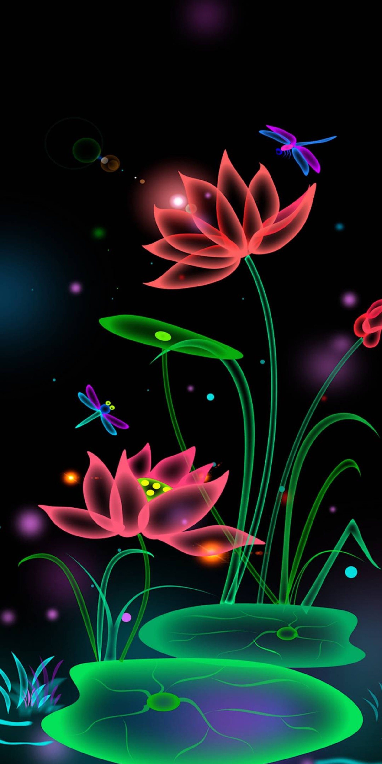 There are many flowers that are in the water with dragonflies (glowing angel flower, love)