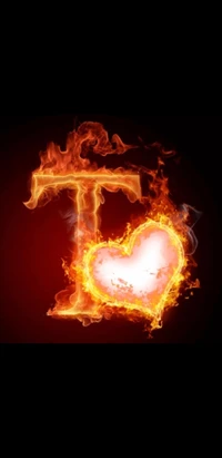 Flaming Letter 'T' with Heart in Flames