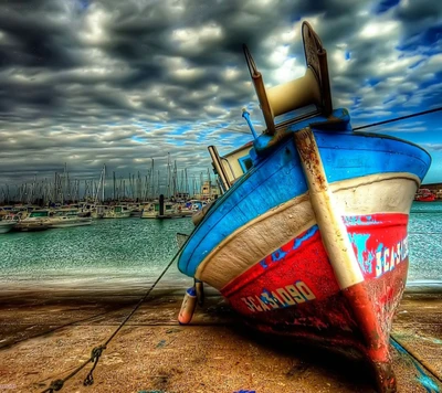 Barco vibrante en playa tranquila: Un impresionante paisaje costero