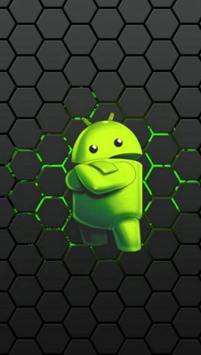 Robot verde de Android con fondo hexagonal