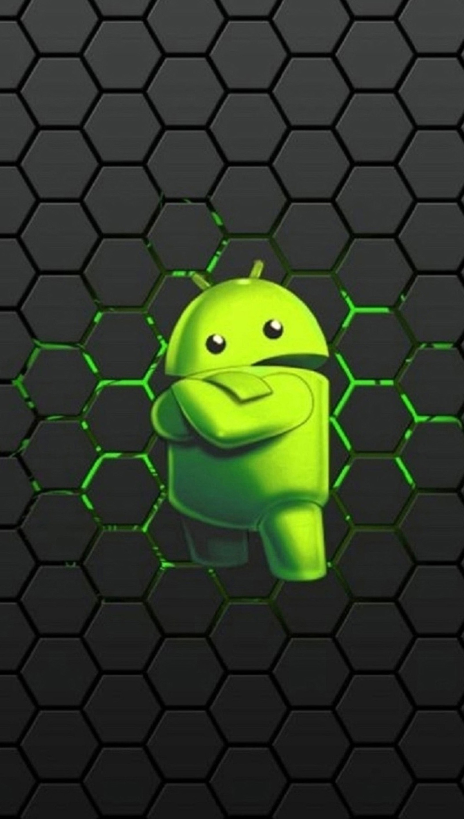 A green android character on a black background with hexagons (android robot, other)