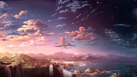 Paisaje de anime sereno al atardecer con nubes vibrantes y cielos cósmicos