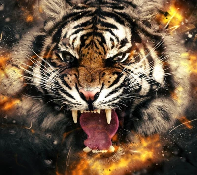 Tigre féroce rugissant au milieu des flammes explosives