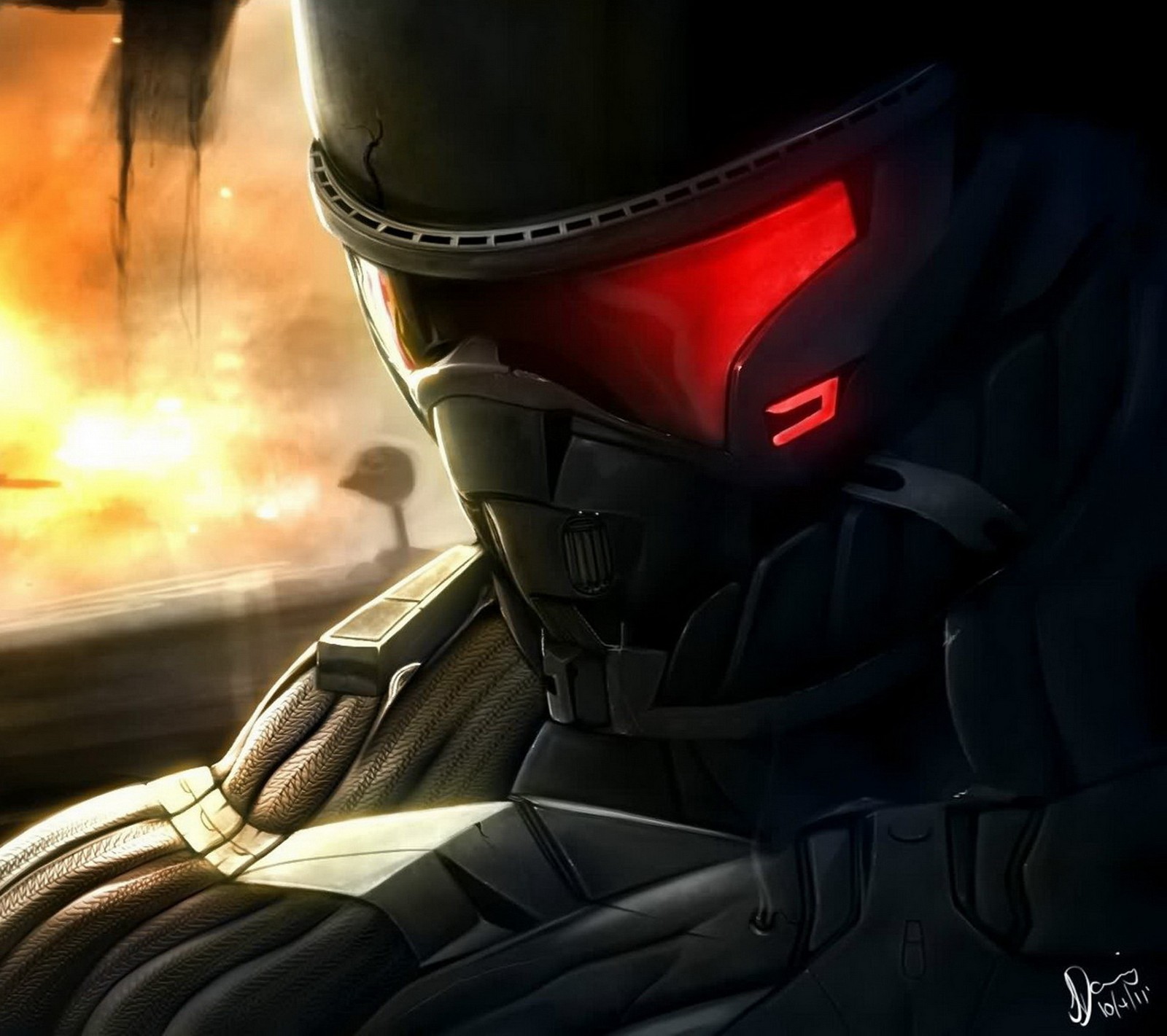 Um close-up de uma pessoa usando um capacete e uma luz vermelha (crysis, crysis 3, crysis3)