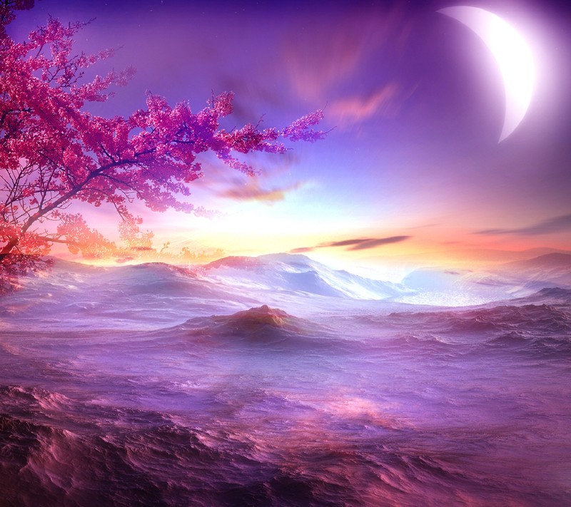 Purple and pink sunset with a tree and a moon (harmony, purple)