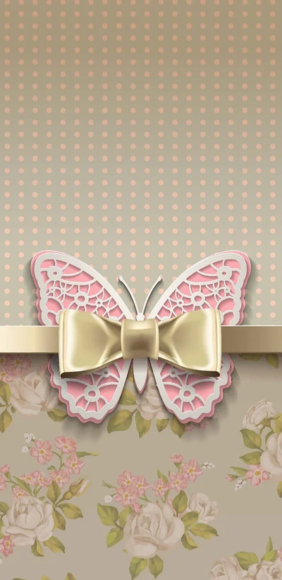 Elegant Pink Butterfly with Golden Bow on Floral Background