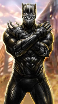 Black Panther in a powerful stance, embodying strength and resilience against a vibrant backdrop.