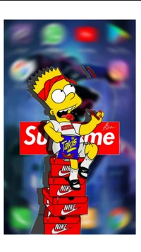 Graphisme de Bart Simpson avec des éléments de culture pop et des marques emblématiques