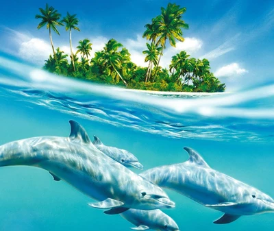 Dolphins Swimming Near a Tropical Island Under Clear Blue Waters