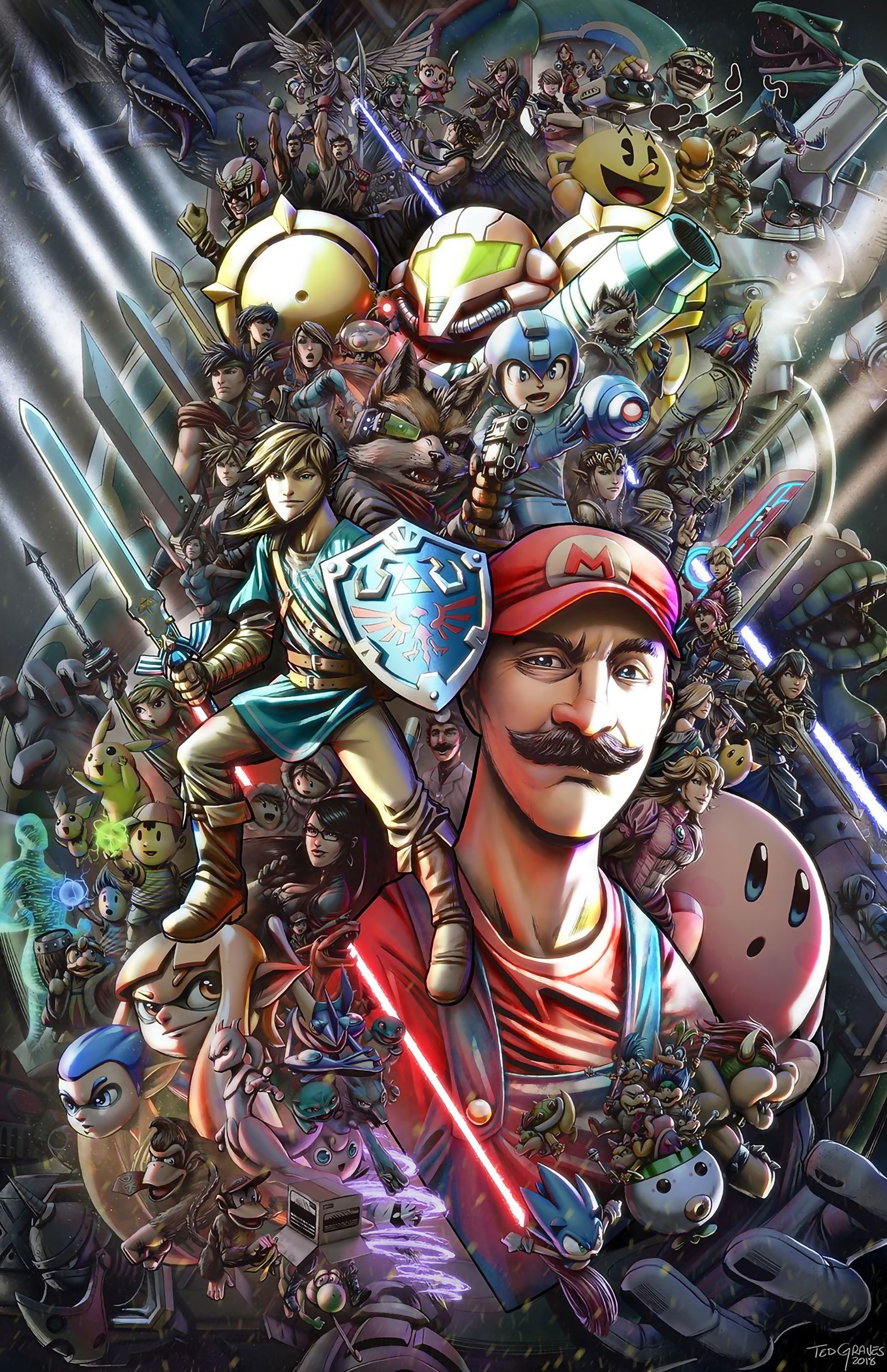 Peinture d'un homme avec une moustache et une moustache sur la tête (campcom, kirby, mario, megaman, metroid)