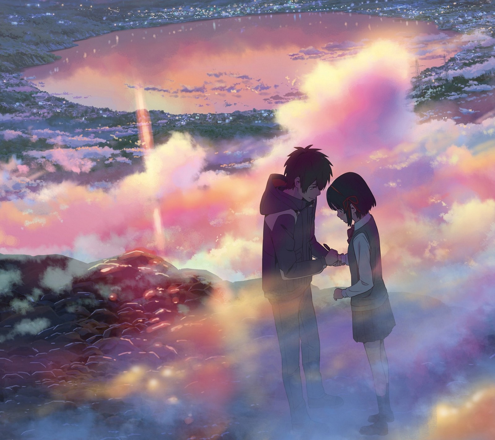 Pareja de anime de pie en las nubes con un cielo rosa de fondo (amor anime, your name)